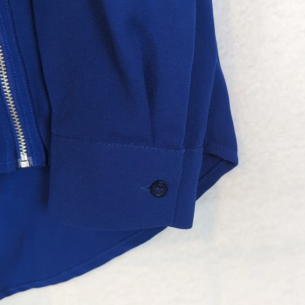 Michael Kors Cobalt Blue Chiffon Collared‎ Front Zipper Long Sleeve Blouse M